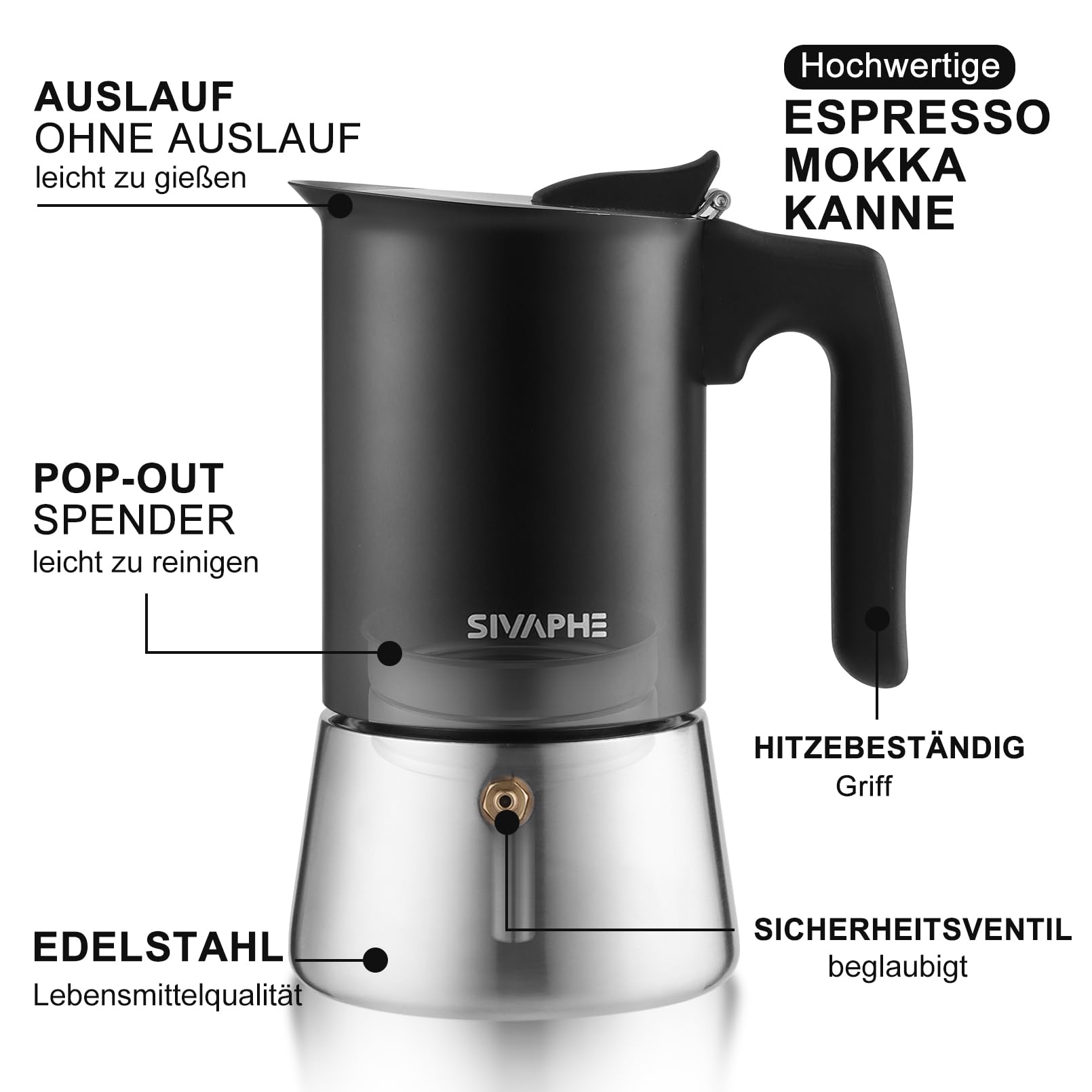 Sivaphe Cafetera de espresso de inducción, cocina de acero inoxidable, cafetera de espresso, cafetera moka, cafetera expreso sin aluminio, 6 tazas, 300 ml, color negro