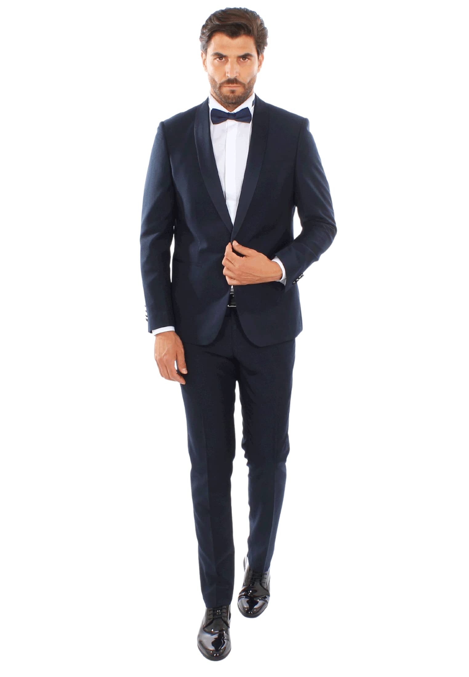 Smoking da Uomo Abito Elegante Completo con Rever a Fascia in Raso