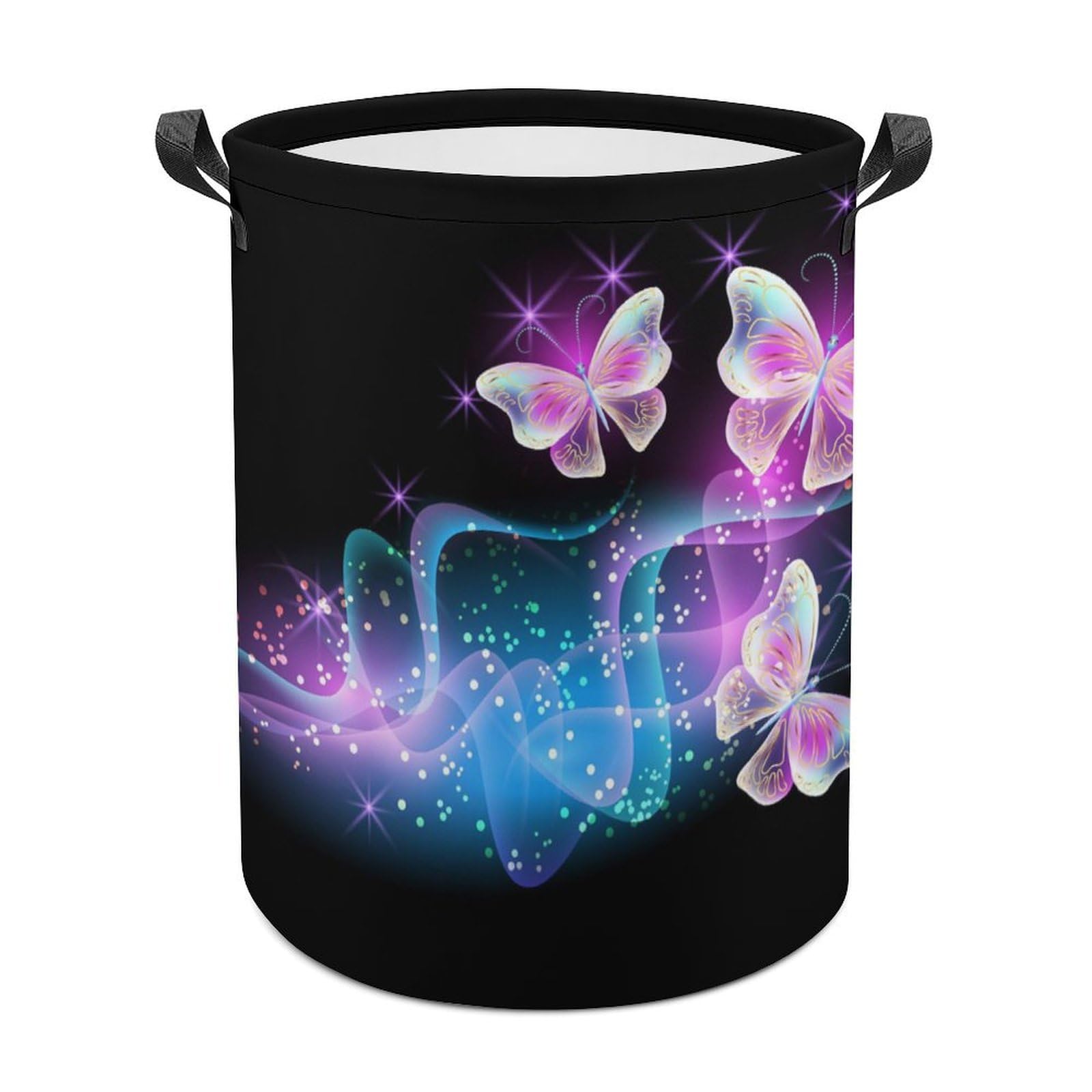 MHYRAC Laundry Hamper, Glowing Night Pink Butterflies Laundry Basket, Washing Basket with Handle