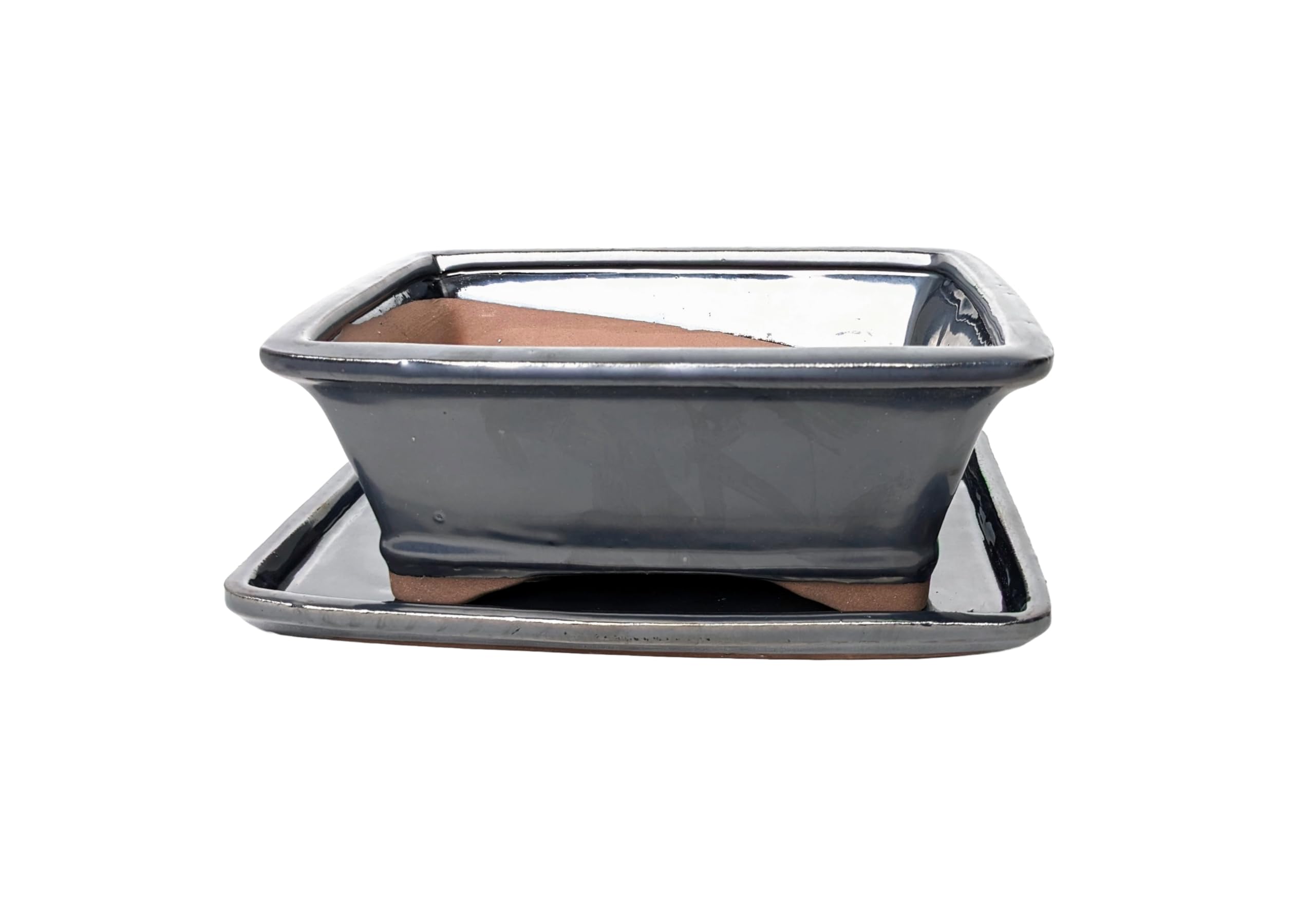 Glazed Ceramic Bonsai Pots with Matching Drip Trays (Grey, 20cm)