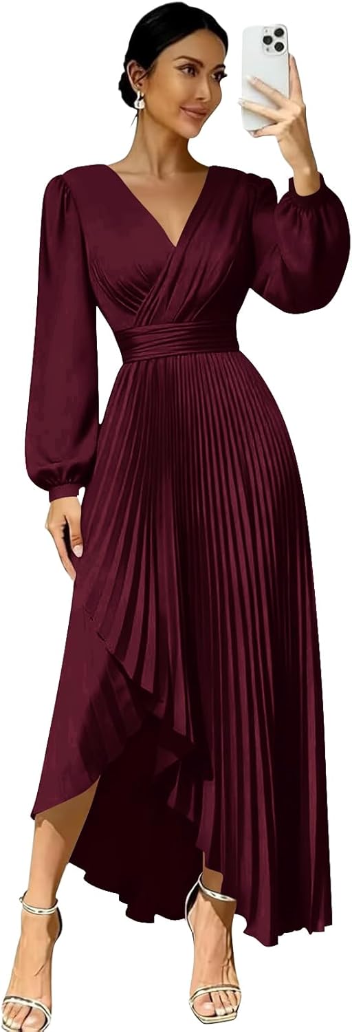 Long Sleeve Bridesmaid Dresses for Women Pleated Formal Evening Party Wedding Gown