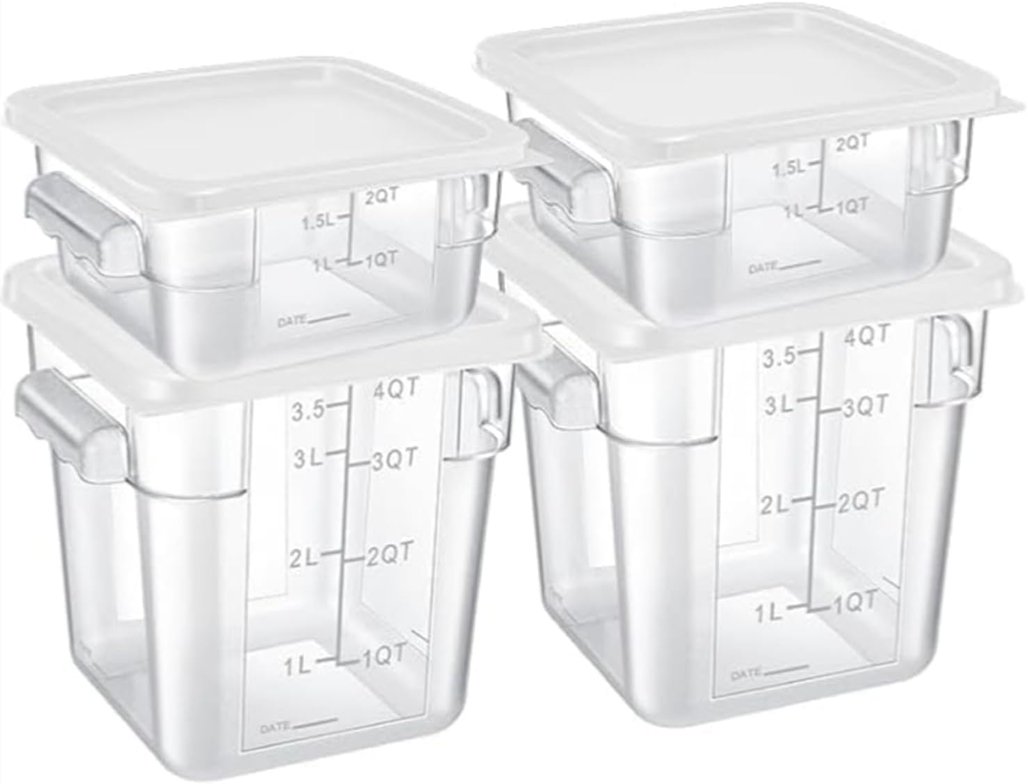 Set di 4 contenitori per alimenti con coperchio, 2 e 4 litri, in plastica trasparente, con manici per bilance, per casa, ristorante, frigorifero, congelatore, cucina, salamoia, pasta, marinare la