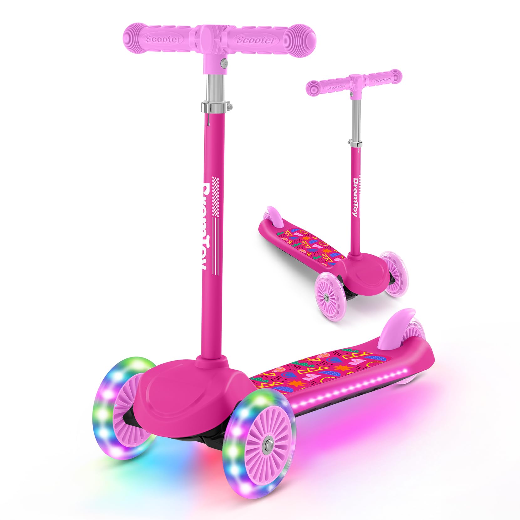 BremToy Children's Scooter 3 Years, Children's Scooter with Luminous Deck and PU LED Wheels, Height Adjustable in 4 Levels, Responsive Braking, Lightweight, Scooter for Beginners Ages 3 to 8