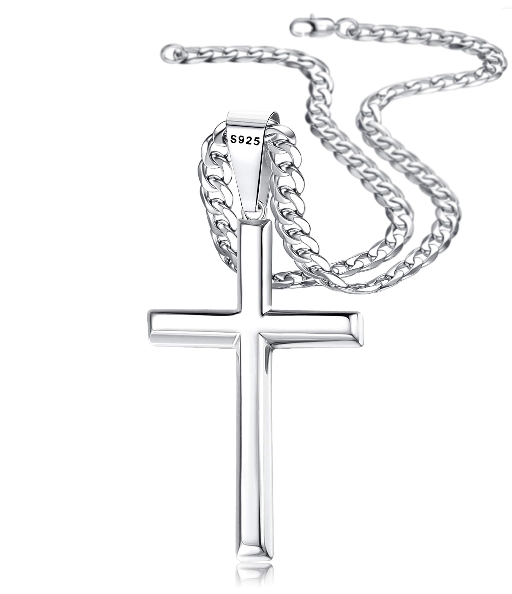 925 Sterling Silver Cross Necklace Beveled Edge for Men Women 5mm Stainless Steel Non Tarnish Durable Cuban Link Curb Chain Crucifix Pendant Necklace Jewelry 16-30 Inches Stocking Stuffers Christmas Christian Baptism Gifts