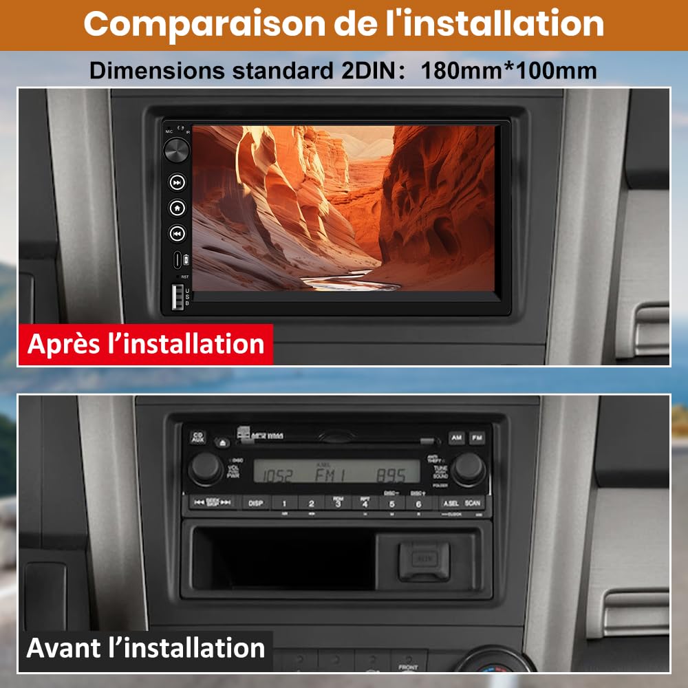 AWESAFE Autoradio 2DIN Bluetooth avec CarPlay & Android Auto, 7 Pouces Écran Tactile HD, Bouton Rotatif, USB/FM/Microphone, Miroir Link, Caméra de Recul Universel Voiture, Commande au Volant