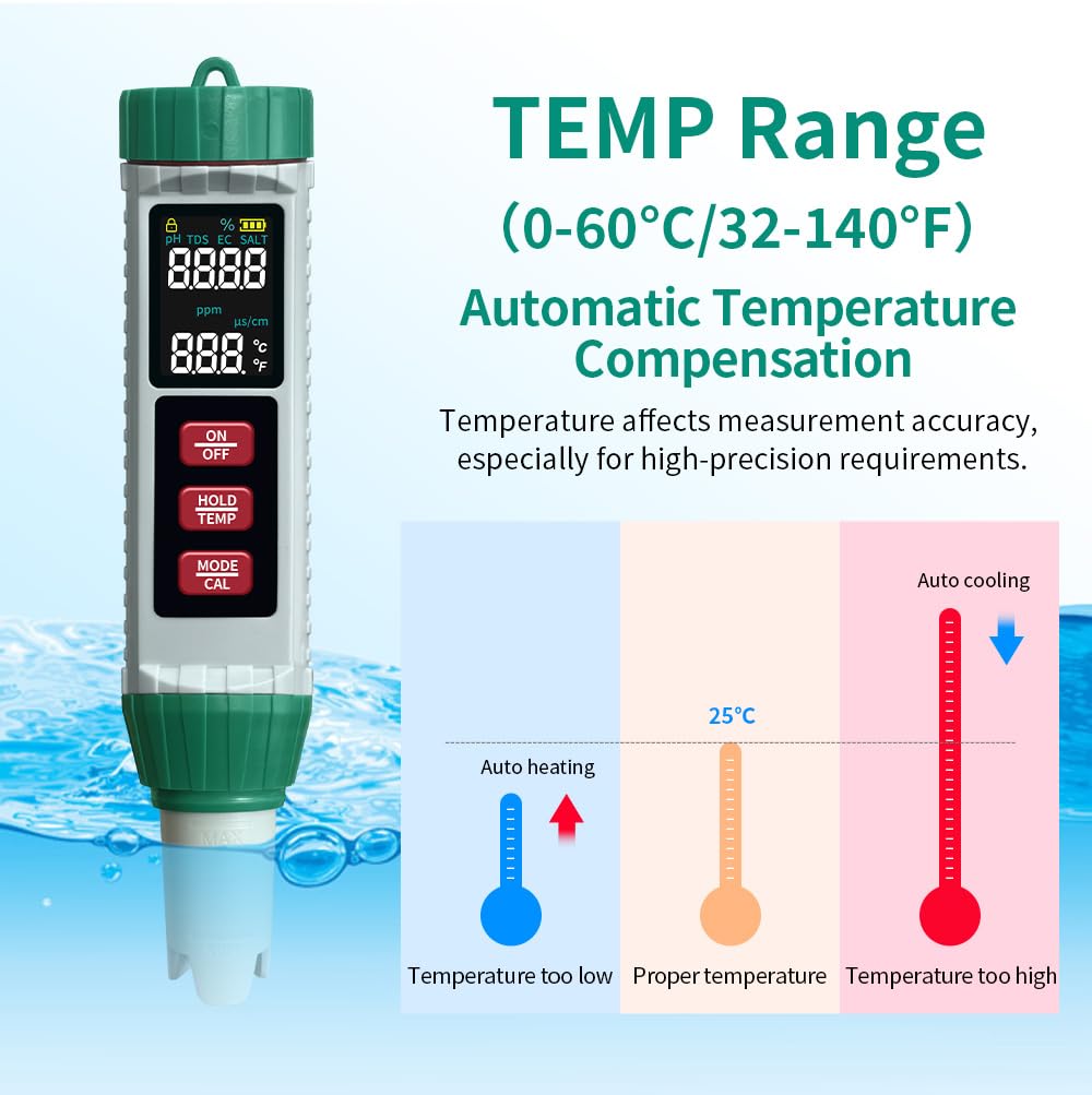 Medidor de pH y probador de sal de piscina, digital 5 en 1, medidor de salinidad pH EC Temp TDS para calidad del agua, probador de agua impermeable para piscina, acuario, hidroponía, jacuzzi