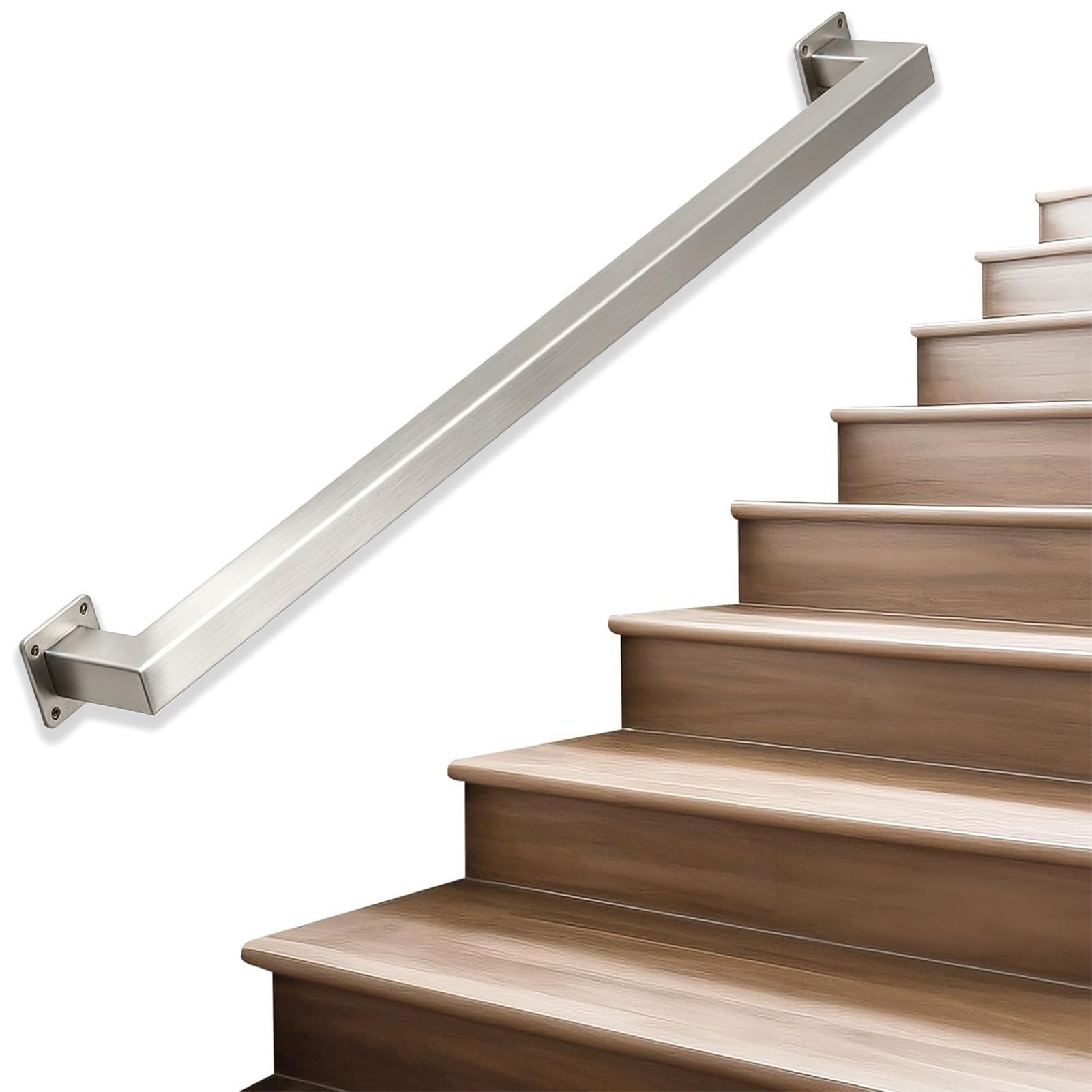 Drsyffsup Square Tube Handrail for Stairs, Wall Mount Banister Hand Rails Modern Industrial Stair Railing 440lbs Load, Non-Slip Grab Handle for Loft Porch Garage and Patio(7ft/2.1m)