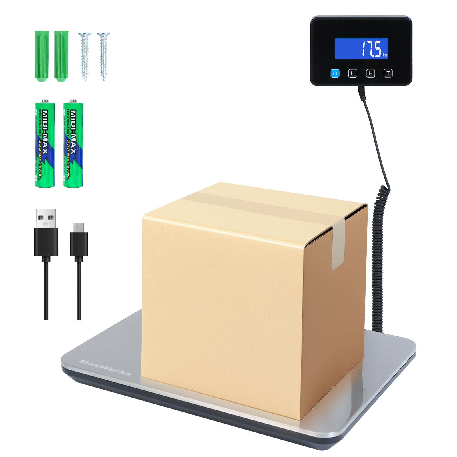 MaxWorks 51076 Báscula digital para equipaje, capacidad de 440 libras, doble alimentación (recargable USB-C o 2 pilas AAA), acero inoxidable y vidrio, portátil para viajes y negocios, plata (unidades