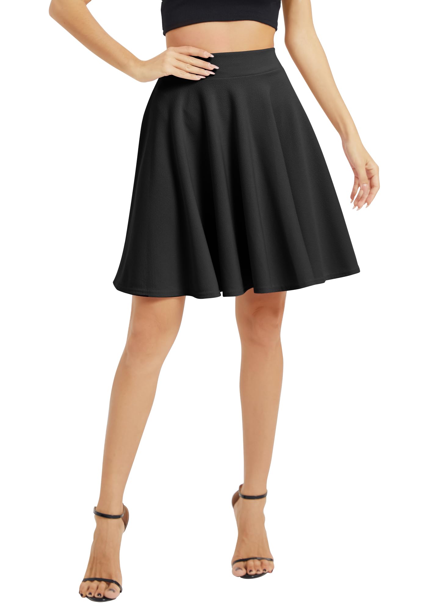 EXCHIC Femmes Élégant Taille Élastique Trompette A-Ligne Midi Jupe Base Uniforme Plissée roulettes Jupe