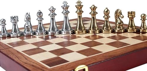 Miniatura 3 de ROLTIN Juego de ajedrez de regalo de metal brillante dorado y plateado Piezas de ajedrez de madera maciza Plegable Tablero de ajedrez profesional de