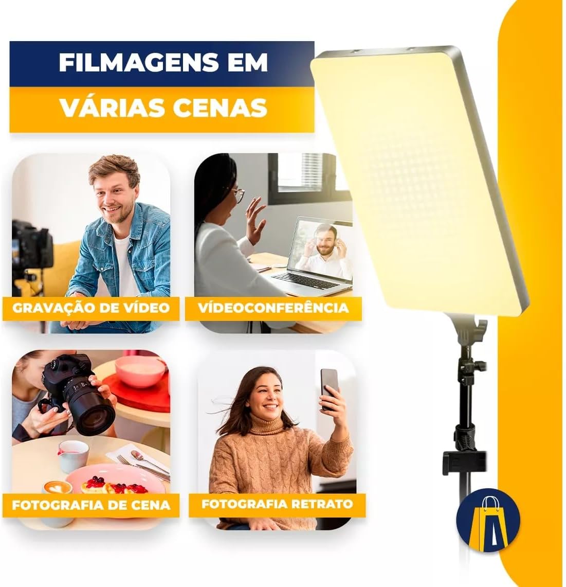 Image depicting various scenarios where the ring light can be used, including video recording, videoconferencing, scene photography, and portrait photography.