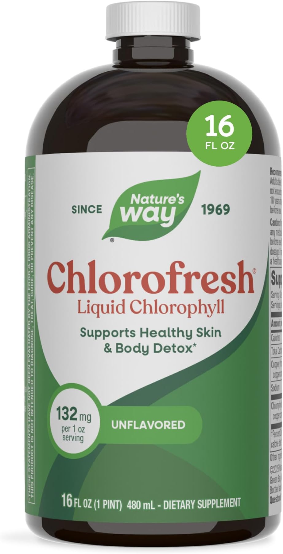 Nature’s Way Chlorofresh Liquid Chlorophyll, Chlorophyllin Copper Complex, Internal Deodorant Supplement, Supports Healthy Skin and Detox Pathways*, Unflavored, 16 fl oz