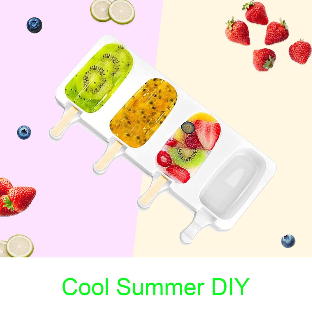 Moldes de Helado, 3 Pack Molde de Helado de Silicona con 100 Palos Madera, 100 bolsas de embalaje, 100 ligamentos, 100 etiqueta,sin BPA, Para postres helados o chocolates caseros (C)