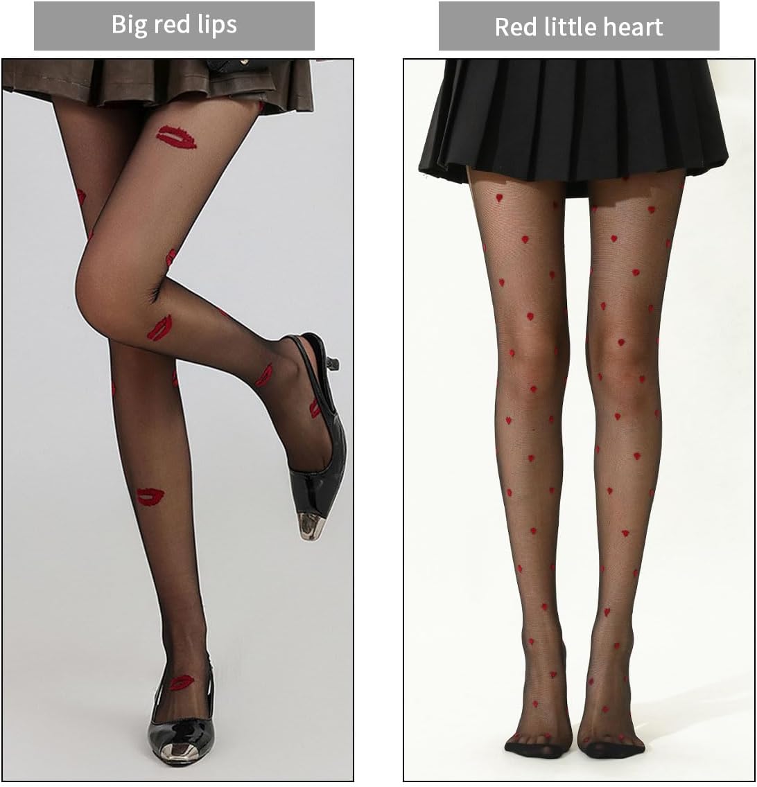 2 Pairs Valentine's Day Tights, High Waist Heart Red Lips Patterned Pantyhose Sheer Stockings, for Valentine Party - Image 3