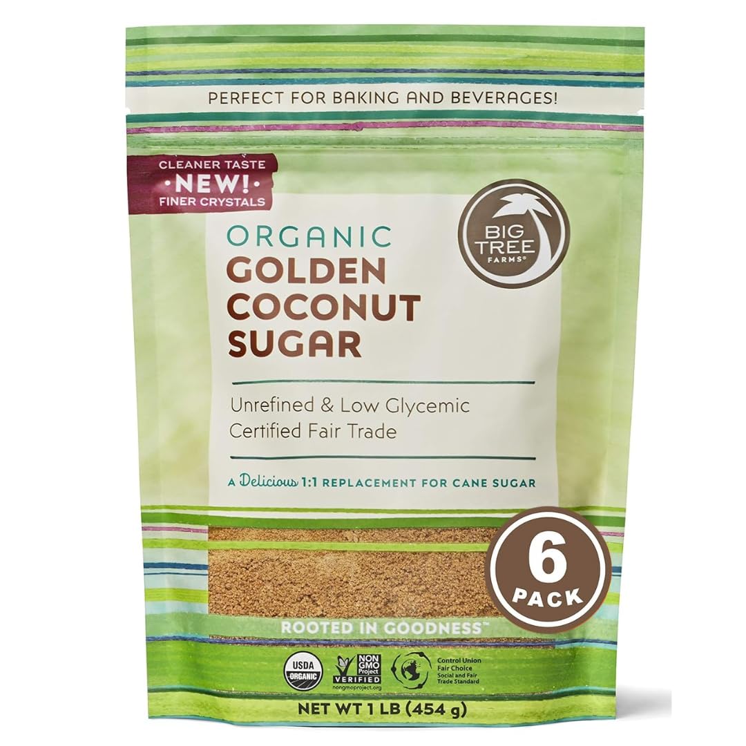 Big Tree Farms Organic Golden Coconut Sugar - Coconut Palm Sugar, Unrefined, Fine Crystals, Cane Sugar Replacement, Coconut Blossom Nectar, Vegan, Perfect for Baking - 16 Oz (Pack of 6) Big Tree Farms Organic Golden Coconut Sugar - Coconut Palm Sugar, Unrefined, Fine Crystals, Cane Sugar Replacement, Coconut Blossom Nectar, Vegan, Perfect for Baking - 16 Oz (Pack of 6)
