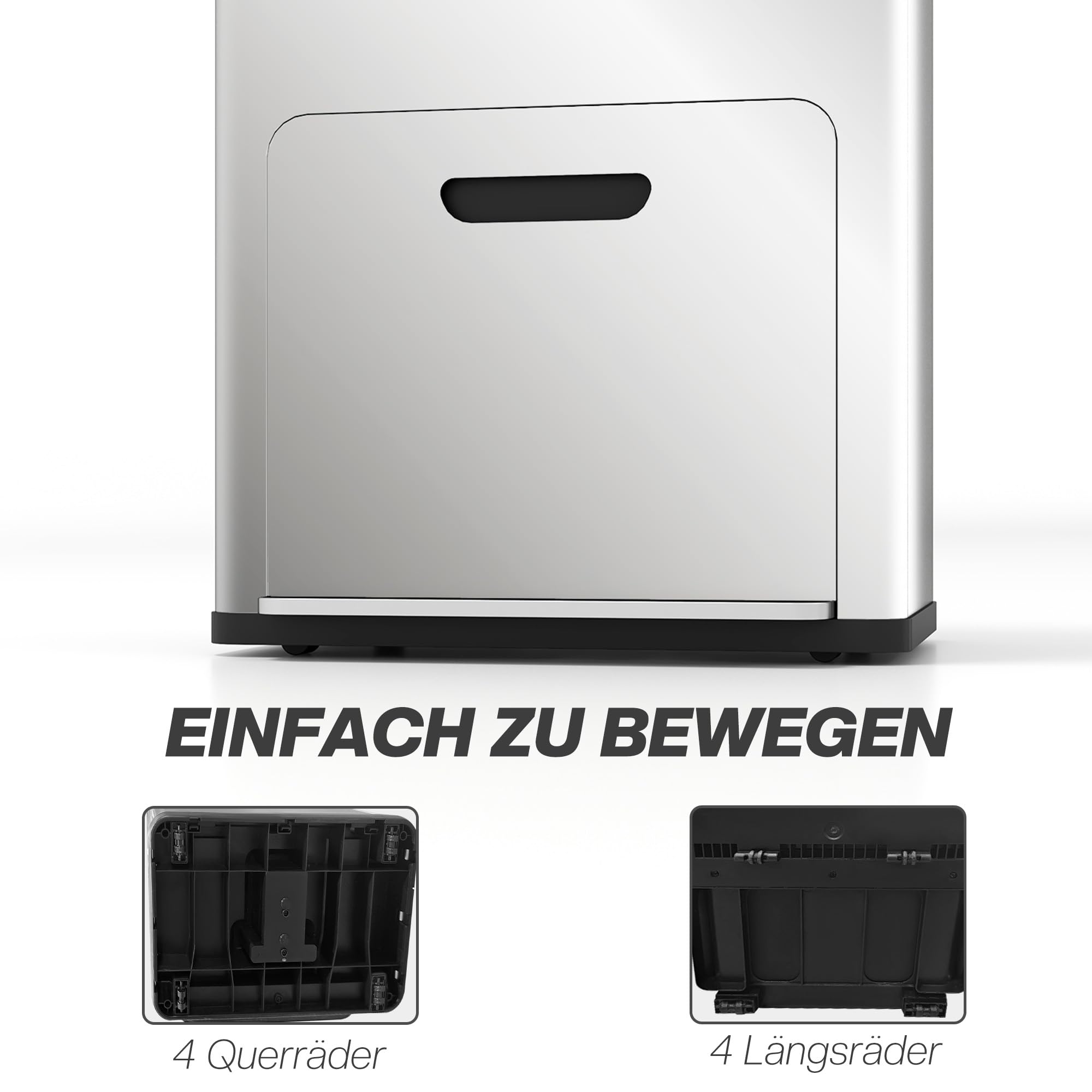HOMCOM Rechteckiger Tretabfalleimer, 56L, Küchenabfalleimer, 3 Fächer, sanfter Verschluss, aus spurlosem Edelstahl, Abfalleimer mit Rollen, herausnehmbarer Inneneimer, Silber
