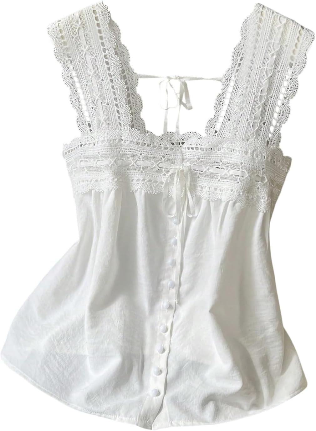 SweatyRocks Women's Lace Embroidery Bow Tie Ruffle Blouses Square Neck Button Sleeveless Summer Shirts