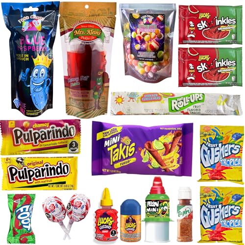 Chamoy Pickle Kit For 2 With Freeze Dried Candy and Takis, Blue Raspberry Pickle (17 pcs) Swinkles, Fruit Roll-Ups, Mexican Candy, Lucas Gusano by Food Crush