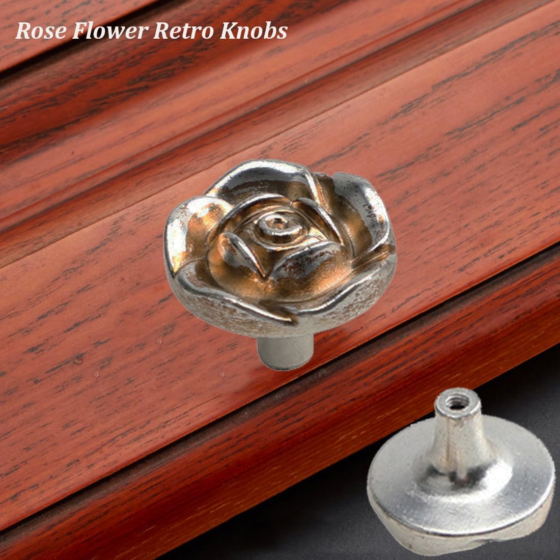 Antique Rose Flower Cabinet Knobs, [8 Pack] Vintage Zinc Alloy Rose Drawer Knobs, Decorative Knobs for Kitchen, Cupboard, Cabinets and Dresser Drawers, Silver