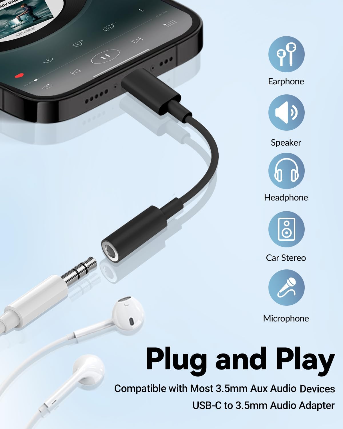 Seulliya USB C to 3.5mm Headphone Jack Adapter for iPhone 15/16 Pro/Max, Hi-Res Audio DAC Dongle, 3.5mm Aux Cord Converter for Samsung Galaxy, iPad, Car, USB-C Devices 10Pack Black