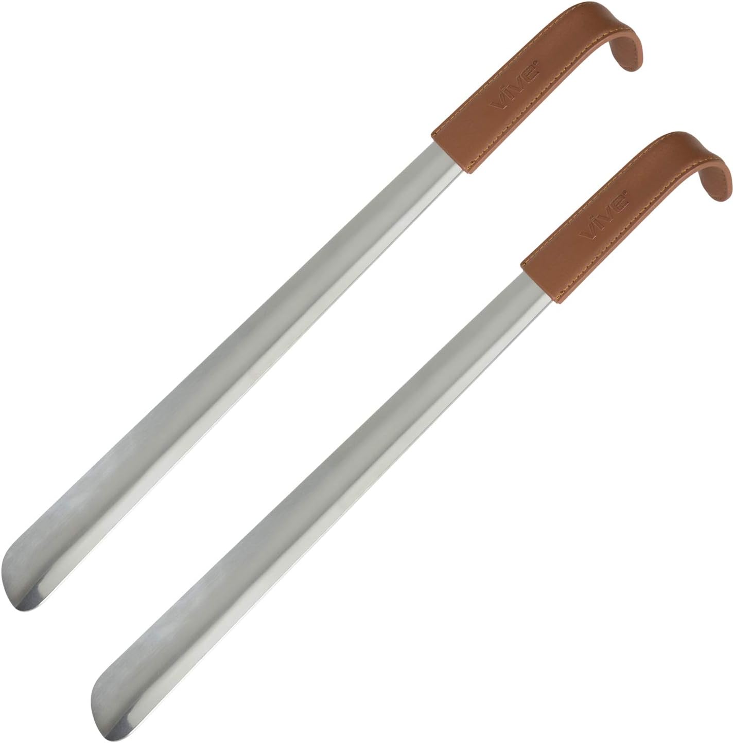 Vive Long Shoe Horn (16.5 Inch, 2 Pack) - Metal Shoehorn for Men, Women, Kids, Travel, Boot - Large Extended Mobility Reach Stainless Steel Leather Handle - Dress Assist for Handicap, Elderly, Seniors