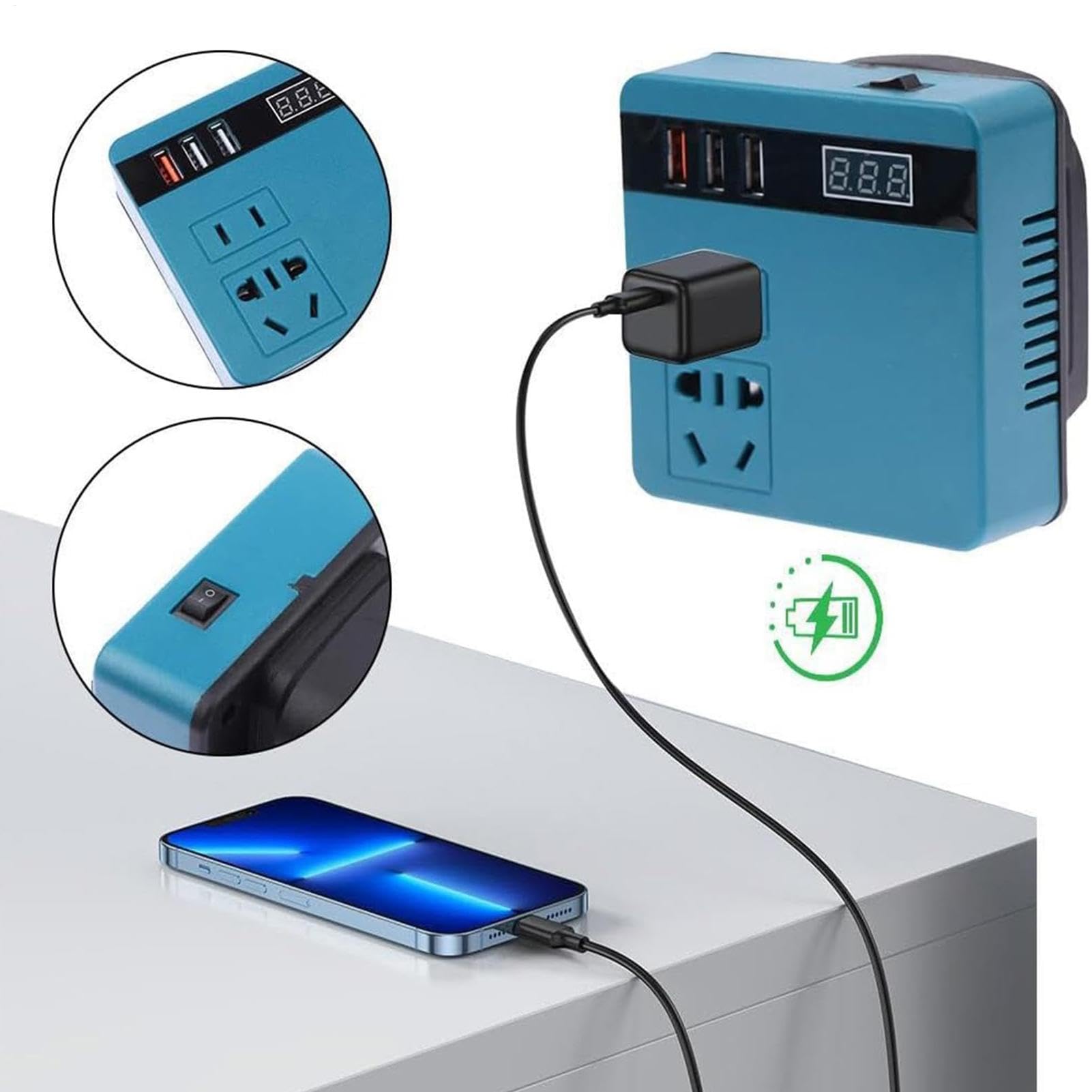 Inverter de batería Inteligente, inversor de batería portátil | Convertidor de batería al Aire Libre con Pantalla Actual | Generador de la estación de alimentación, Salida de batería del Adaptador de