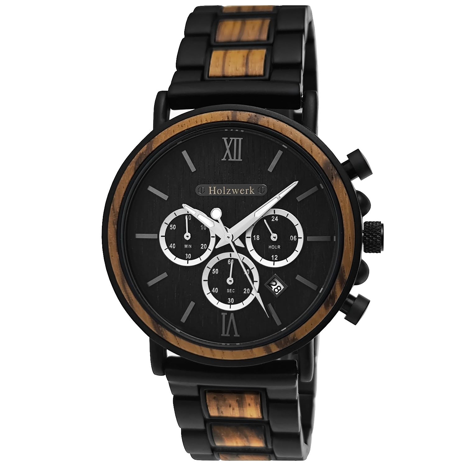 Holzwerk Germany Handgefertigte Designer Herren Uhr Öko Natur Holz Uhr Chronograph Armband Analog Holzuhr Quarz Braun Schwarz Grau Römische Ziffern Datum Holz