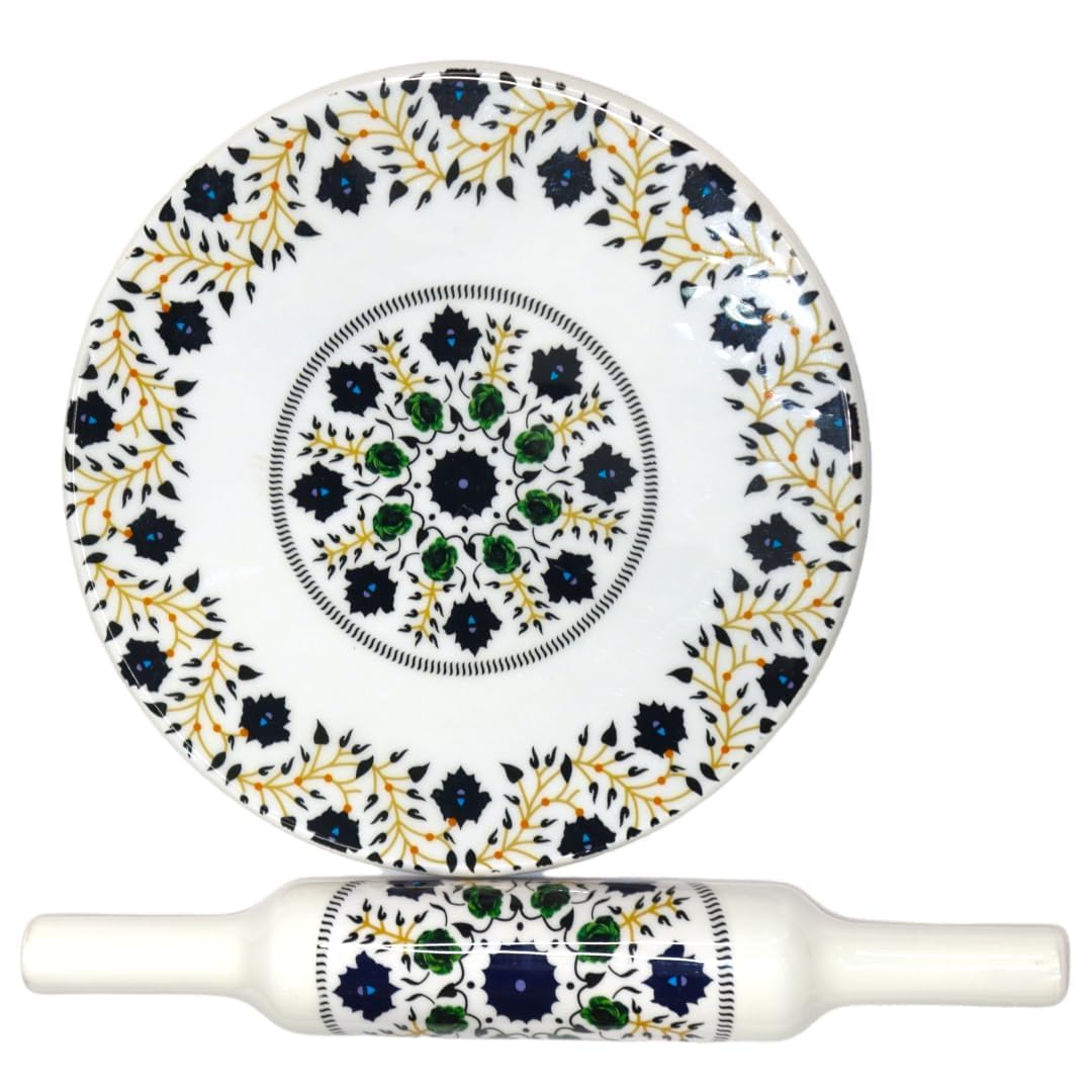 Home Arts Premium Natural Marble Chakla Roti Maker Rolling Board with Wooden Belan | No Dyes or Polish - Natural Finish | Chopping Board Home House Ghar Kitchen Rasoi Gift Decor (2)