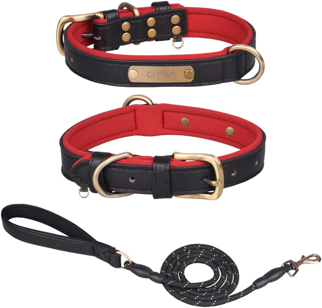 Custom Leather Dog Collar with Personalized Engraving Nameplate, Customize Padded Dog ID Collars Engraved Name Number for Small Medium Large Dogs,with Leash,Black/Red,L Size,1 Inch Wide