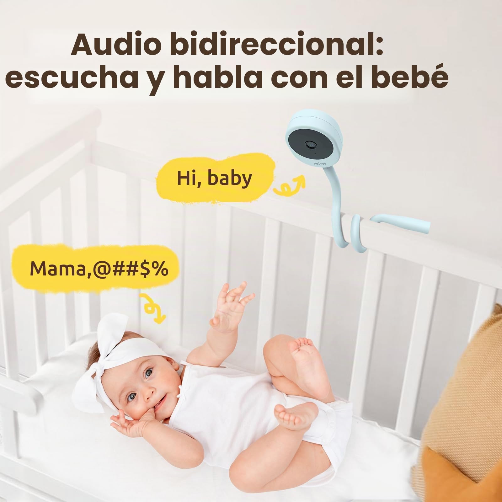 NETVUE Azul 1080P Camara Vigilancia Bebe con Soporte 4 en 1, Vigilabebes Camara con App Gratuita, Audio Bidireccional, Detección de Movimiento, Visión Nocturna, Canción de Cuna