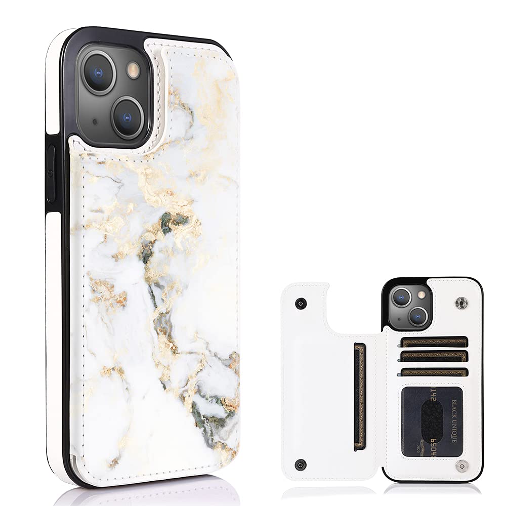 Obbii White Golden Marble Compatible with iPhone 13/14 6.1" Flip Wallet with Card Slots Kickstand Protective Phone Case for iPhone 13 /iPhone 14 6.1 inch