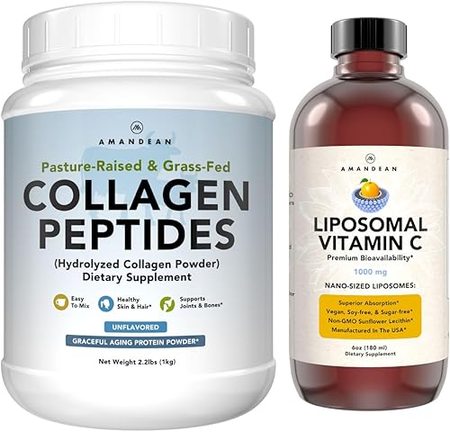 AMANDEAN Paquete de péptidos liposomales de vitamina C y colágeno bovino de primera calidad. Potente antioxidante. Líquido Quali-C. Colágeno