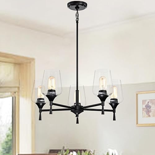 Edvivi Arlo - Candelabro negro mate con pantallas de copa de vino transparente, 5 luces modernas colgantes industriales para isla de cocina, luces