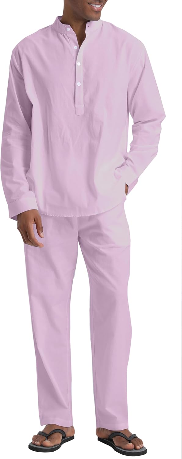 Men’s Linen Sets Henley Shirts 2 Piece Vacation Outfits Beach Clothes Casual Suit Long Sleeve Shirt Yoga Pants Summer