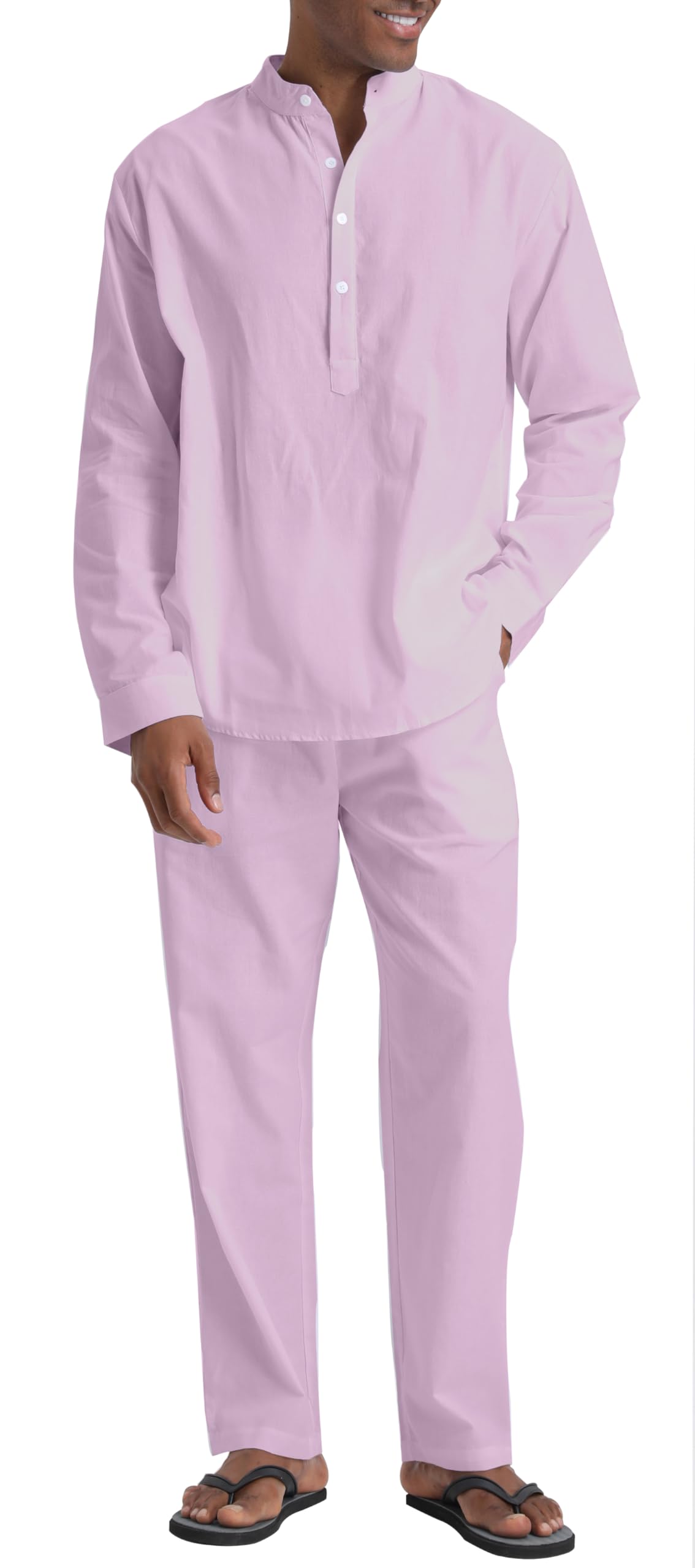 SIENDIUMen's Linen Sets Henley Shirts 2 Piece Vacation Outfits Beach Clothes Casual Suit Long Sleeve Shirt Yoga Pants Summer