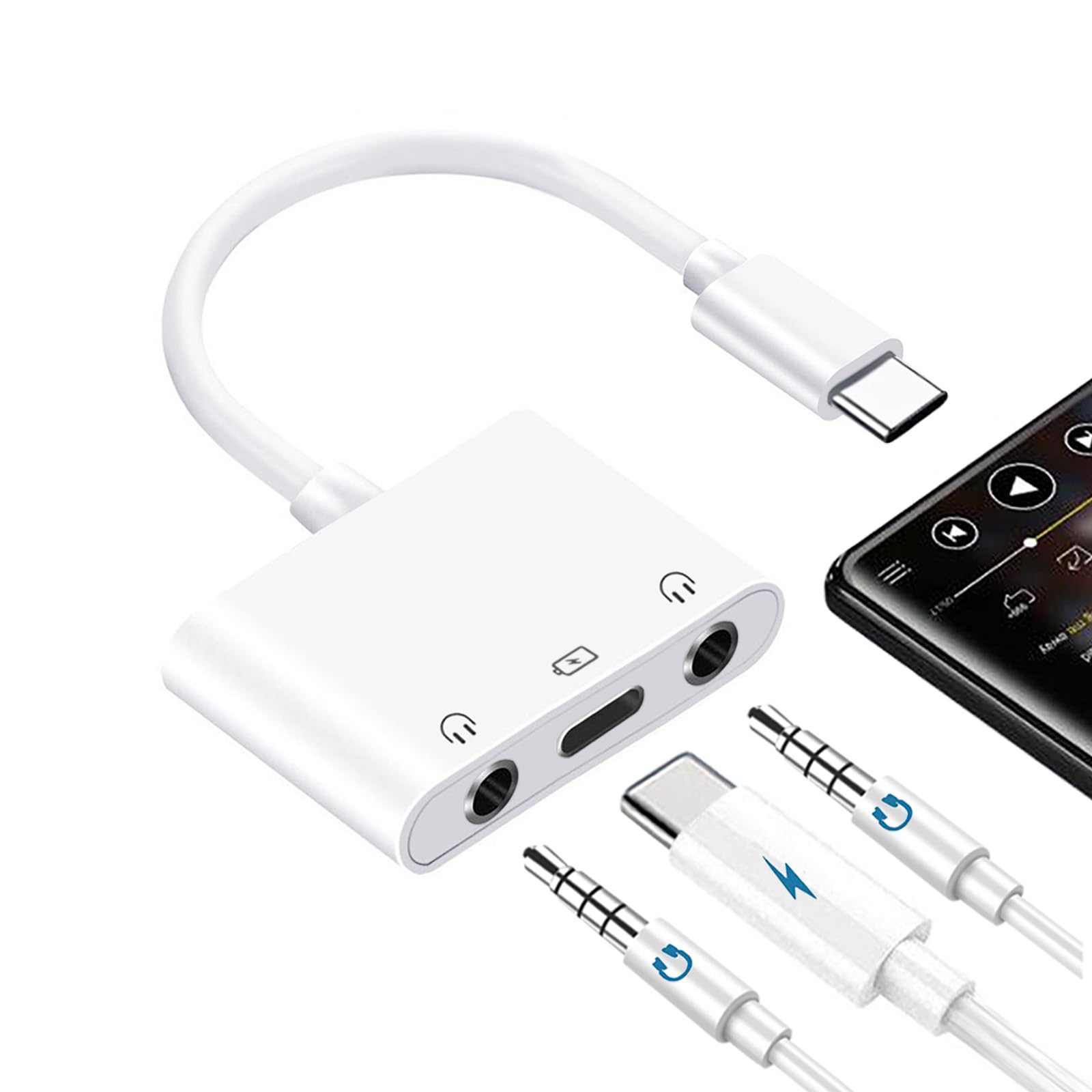 USB C to 3.5mm Audio Adapter, 3-in-1 Aux to USB C Headphone Splitter, 3.5mm to USB C iPhone headphone adapter with PD Fast Charging Compatible with