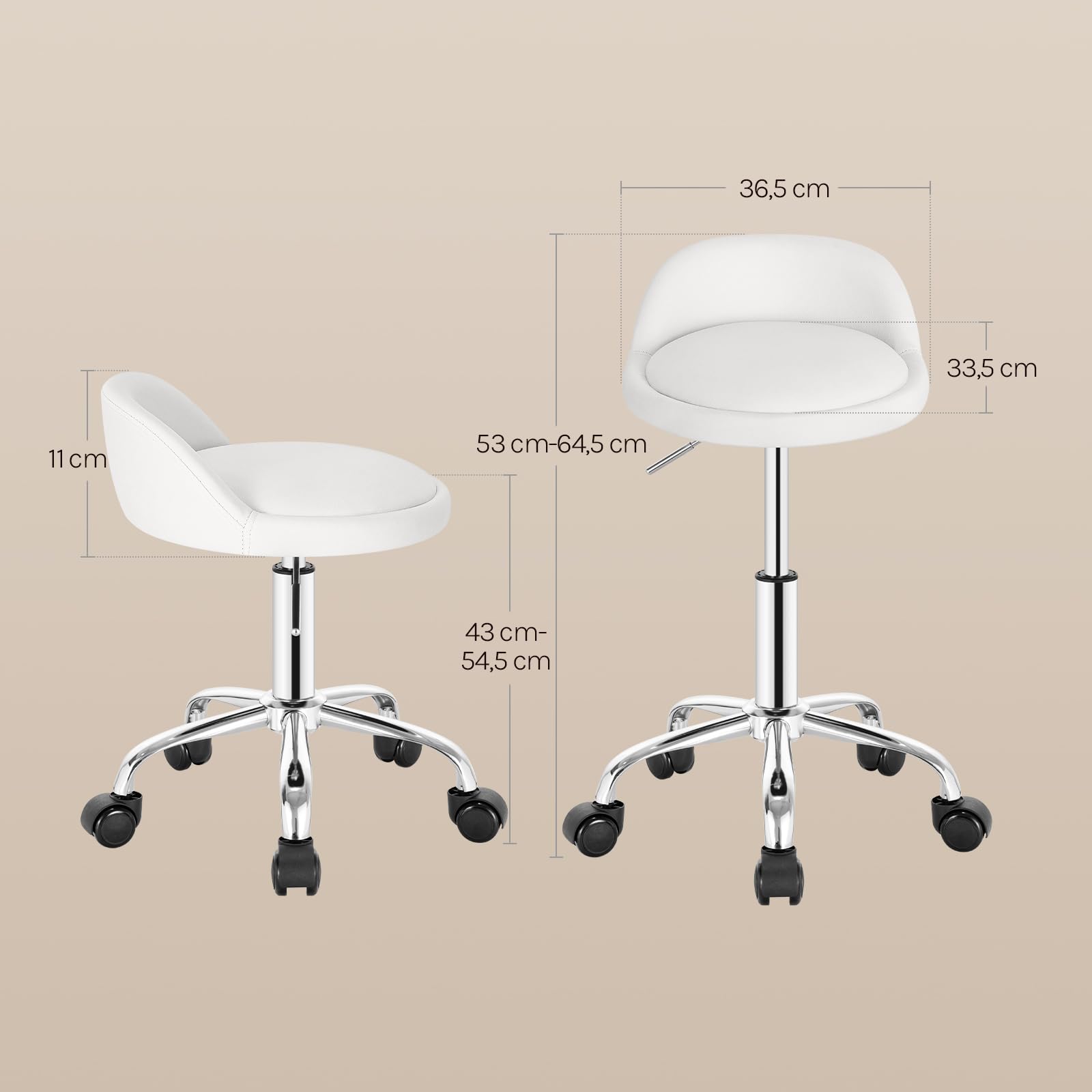 WOLTU Silla de Tocador, Taburete Giratorio con Respaldo Bajo, Altura Regulable (43-54,5 cm), Funda de Cuero Sintético, Estructura Metálica, Blanco