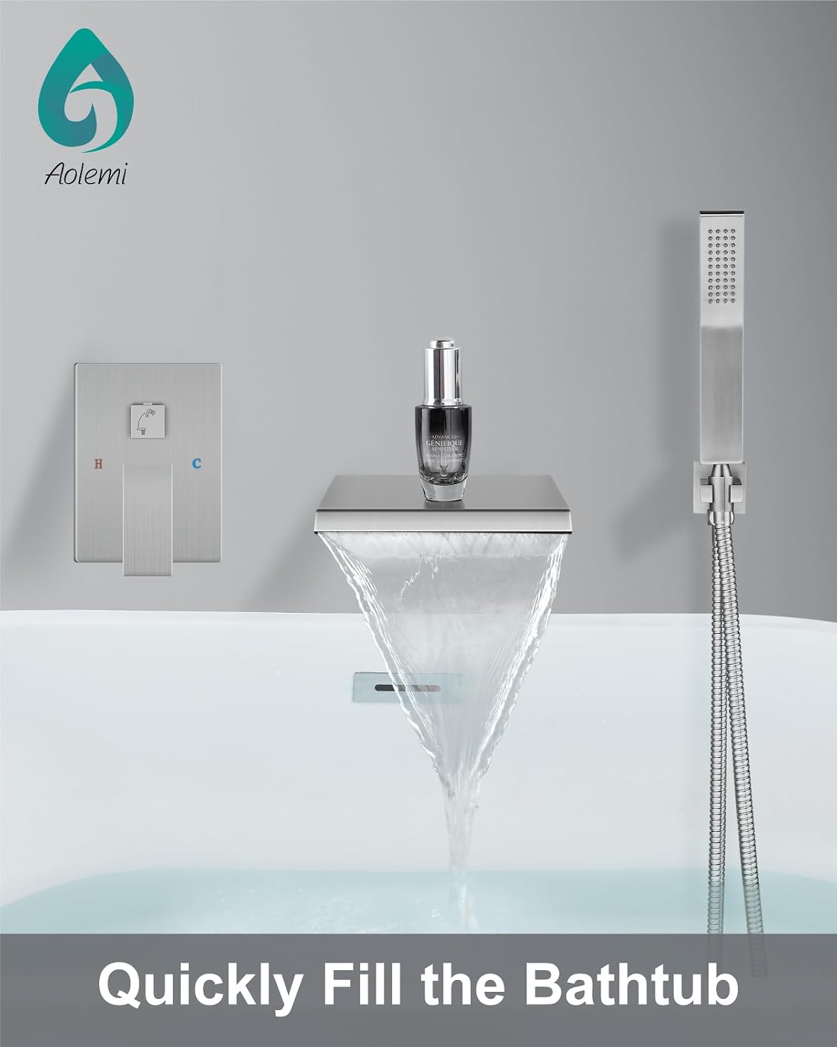 Aolemi Wall Mount Bathtub Faucet Set,Waterfall Tub Filler with Handheld Shower,Single Handle Solid Brass Tub Faucet with Rough-in Valve,Brushed Nickel