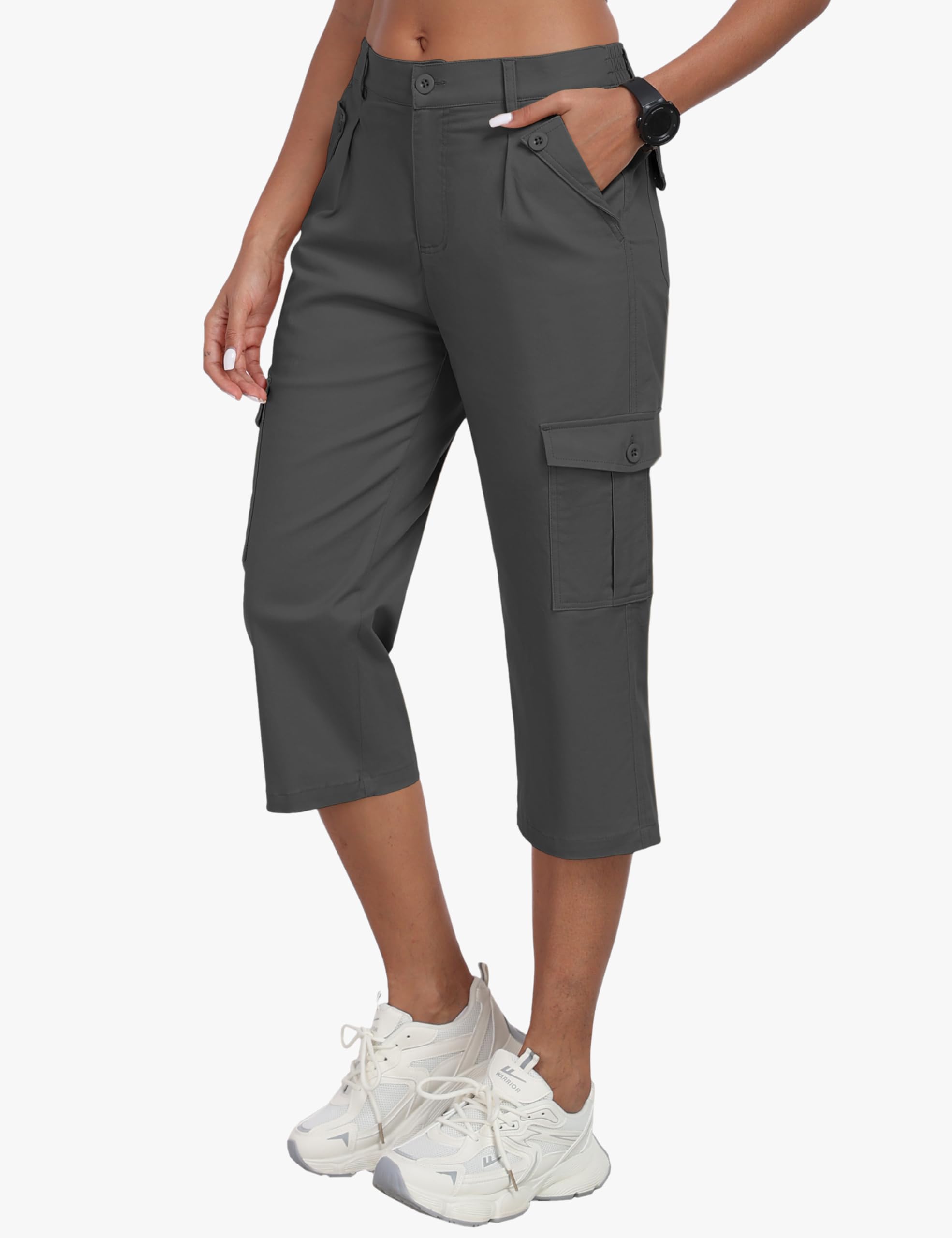 MoFiz Women's Cargo Capris Lightweight Hiking Pants 6 Pockets Cotton Casual Summer Capri Pants for Women Dark Grey L