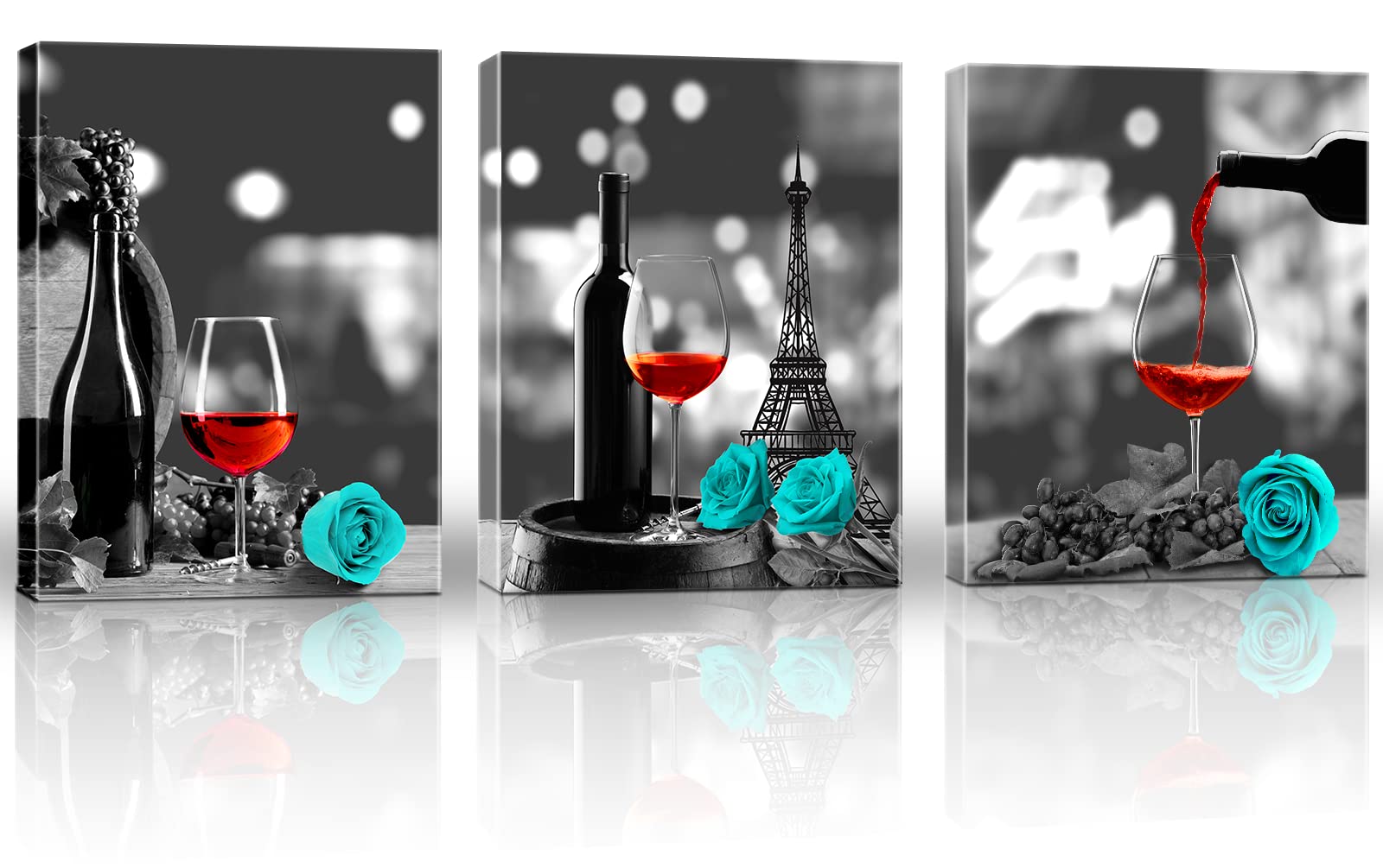Lctgod Kitchen Wall Decor Canvas Art Red Wine Teal Rose Artwork for Home Walls Black and White Painting Giclee Printed Dining Room Turquoise Pine Pictures Decor, 12x16 inchx3pc
