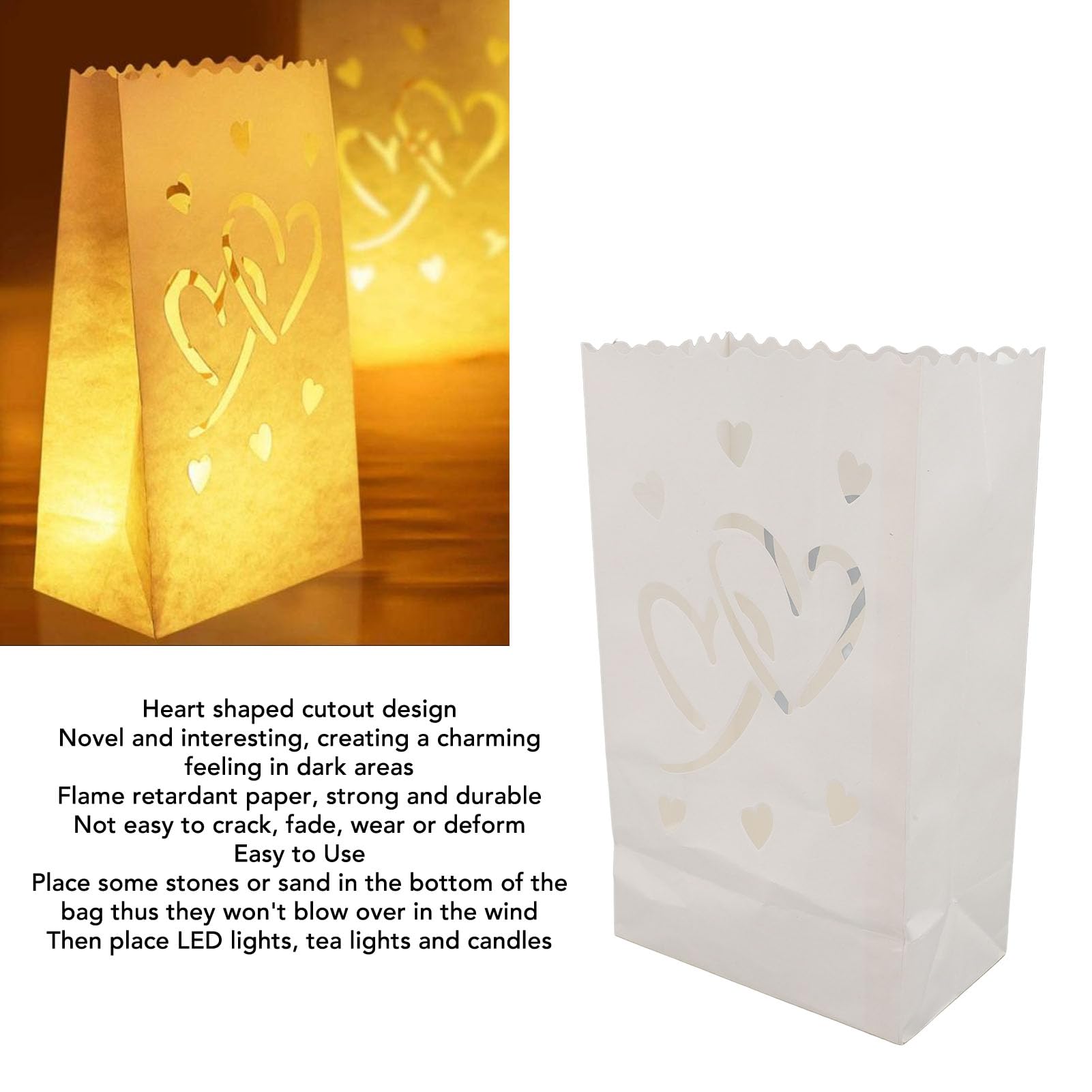 HERCHR Candle Bags,20 PCS Paper Candle Tea Light Lantern Bags White Luminary Bags with Hearts,White Paper Luminary Bags,Flame Resistant Candle Bags for Wedding,Valentine's Day,Thanksgiving,Christmas - Image 3