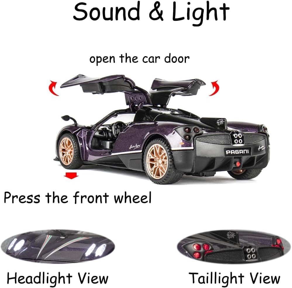 Image of LONGMIRE Metal Pull Back Diecast Car Pull Back Model with Sound Light Boys Gifts Toys for Kids Pack of 1, Multicolor (1:32 Pagani Huayra)