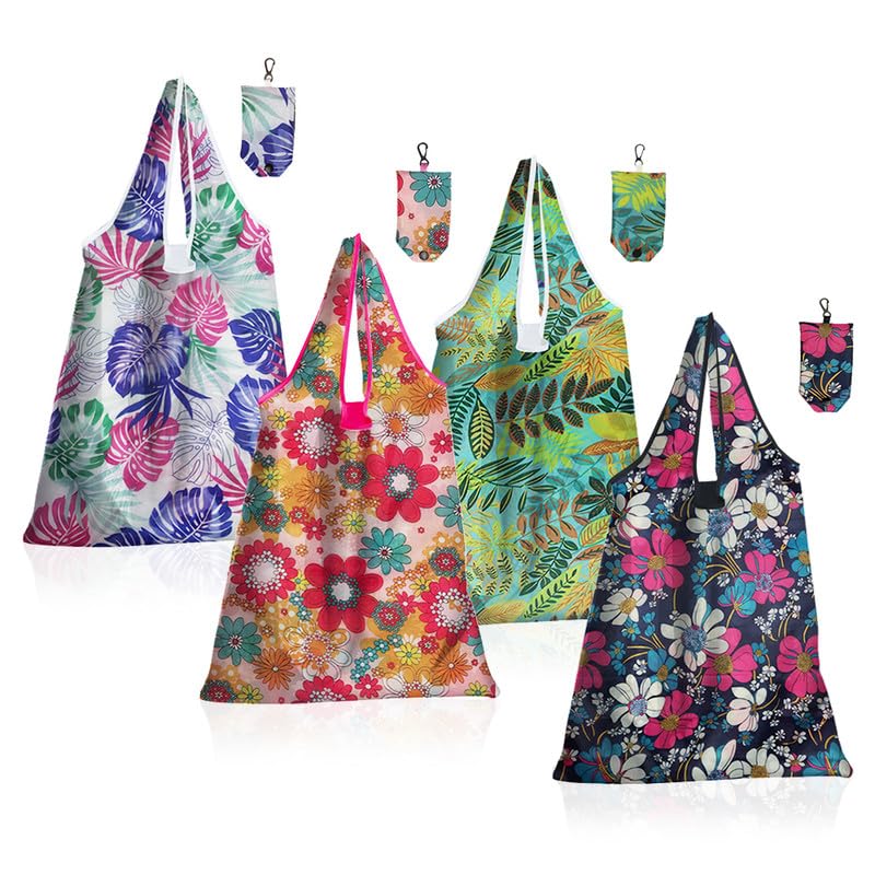 HMCEY 4 Piezas Bolsa Compra Plegable,Bolso Shopper Tela Plegables,Foldable Shopping Bag,Bolsa Shopping de Comestibles,Bolsas de Viaje Transportable,Bolso de Mano Viaje Portátiles para Acampadas