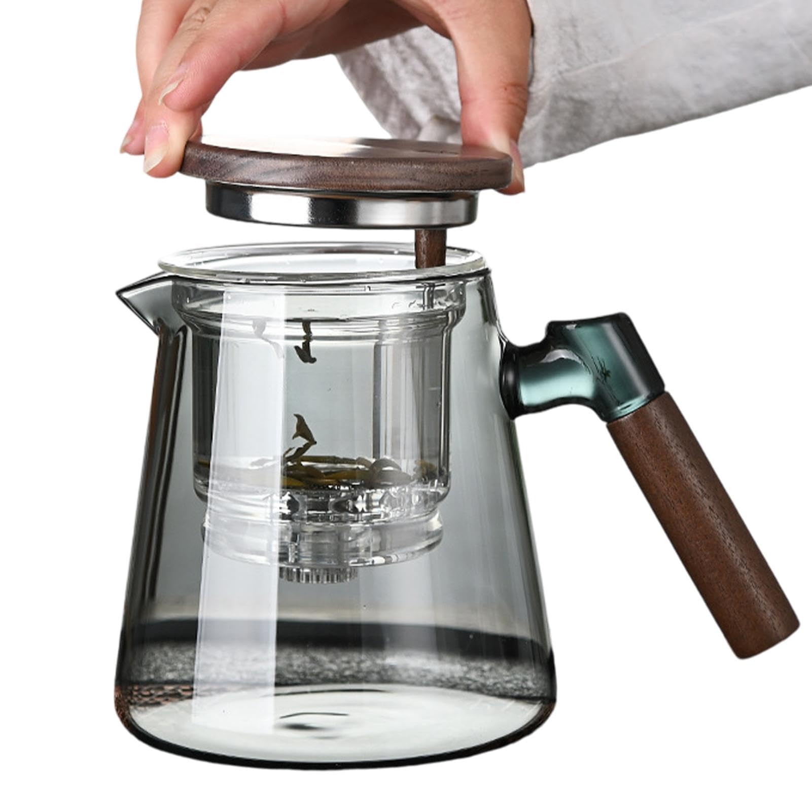 Enchanti Tea Pot,Press Control Glass Teapot - 750ml Teapot With Wooden Handle, Glass Teapot For Tea Water Separation