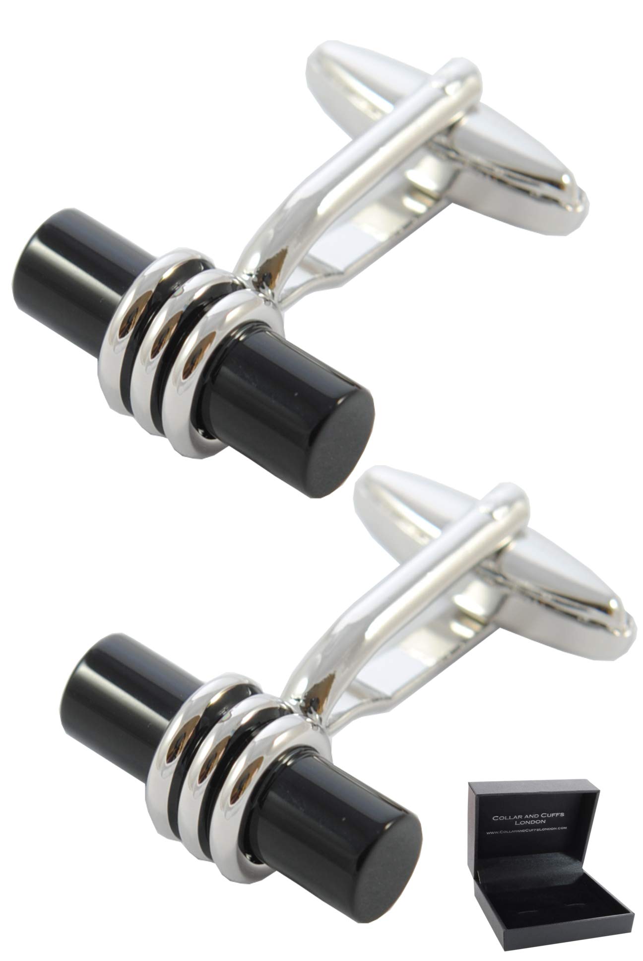 Cufflinks for Men Black - with Box - Cylinder with Triple Loop Design - Brass Metal - Cylindrical - Formal Classic Elegance - Black and Silver Colours - One Pair
