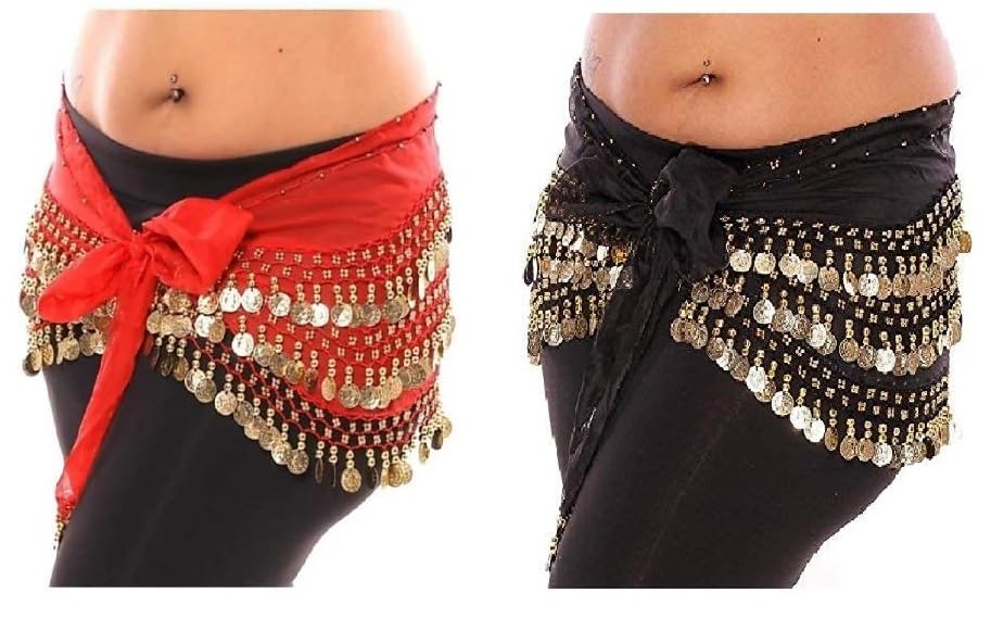 Dress to Impress Belly Dance Hip Scarf Wrap Belt Combo with Gold Coins Pack of 2