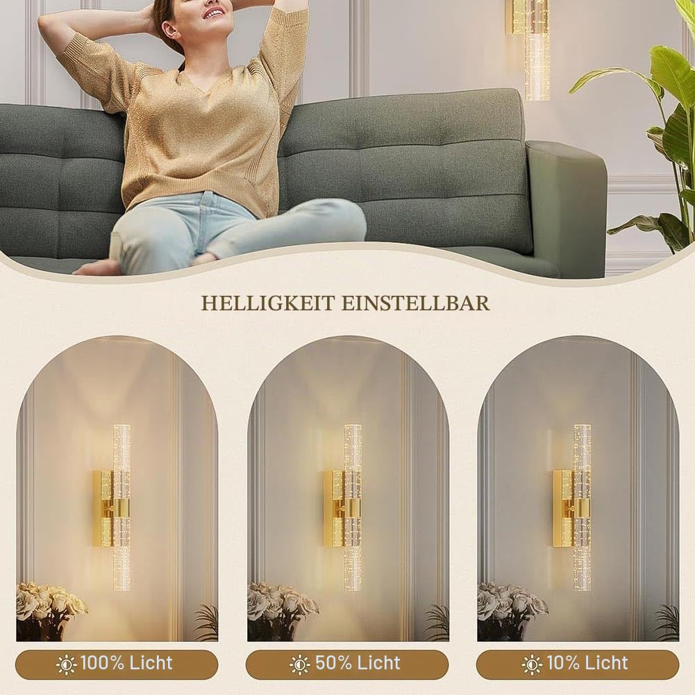 2 Stück LED Akku Gold Wandleuchte Kabellose Kristall Wandlampe mit Schalter und Fernsteuerung Dimmbar Ohne Stromanschluss Wandbeleuchtung Gold Innen Nachttischlampe Up und Down Beleuchtung