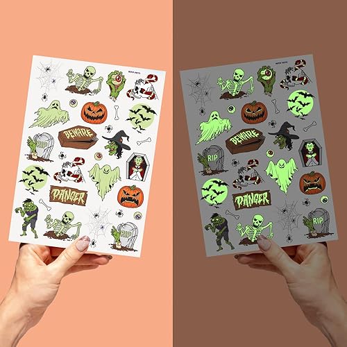 Miniatura 4 de xo, Fetti Tatuajes temporales de Halloween para niños - 40 estilos de tatuajes que brillan en la oscuridad  Decoraciones de Halloween, esqueletos,