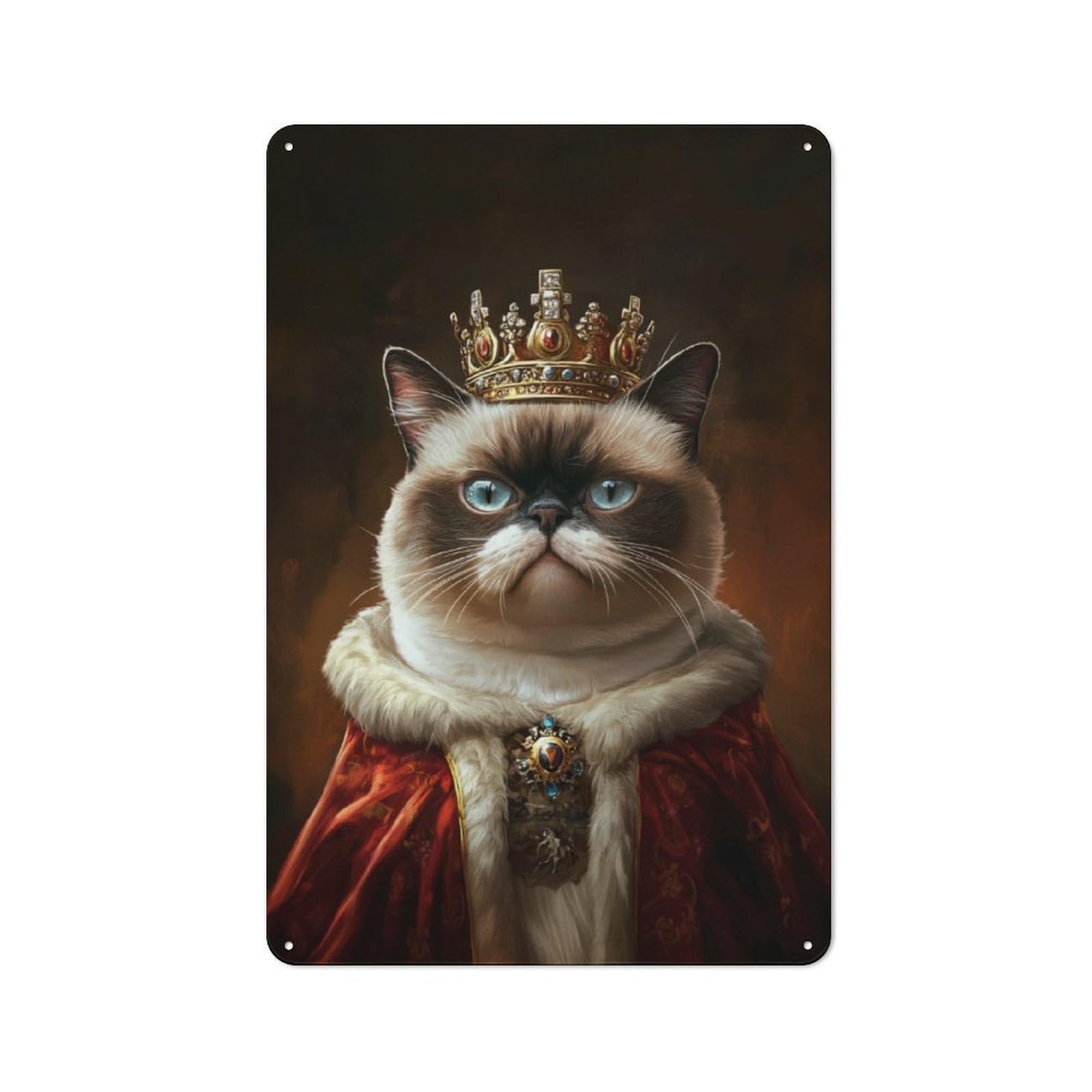 Junmoney Cat King Portrait Understated Metal Wall Decor 30X20cm, Decorative Metal Sign For Workspace, Cafe, Shop Or Desk Area