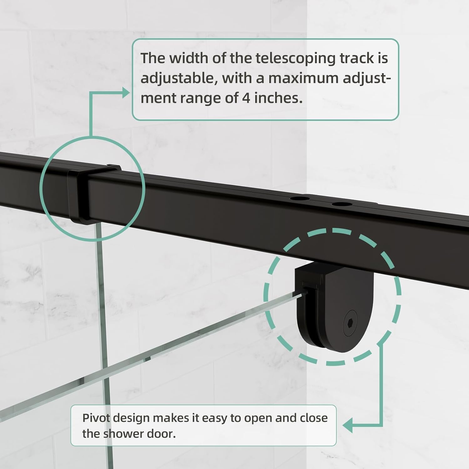 Diagram illustrating the adjustable telescoping track and pivot design of the shower door.